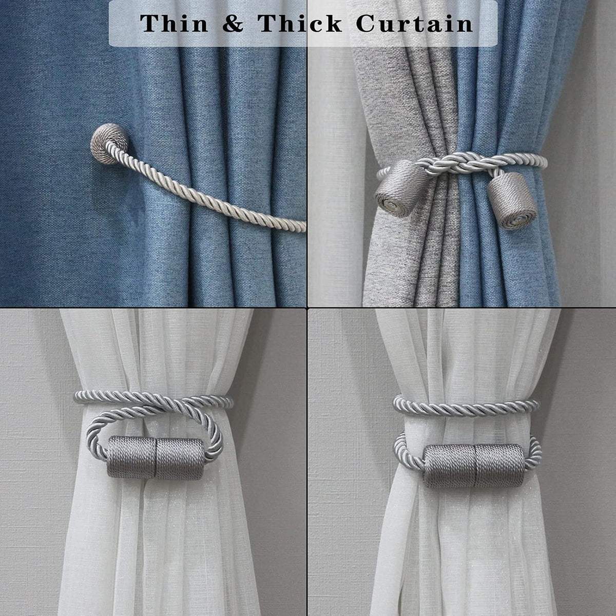 2 Pack Grey Strong Magnetic Curtain Tiebacks Outdoor Elegant Decorative Tie Backs Modern Rope Tiebacks for Drapes Window Curtain Holdbacks for Draperies