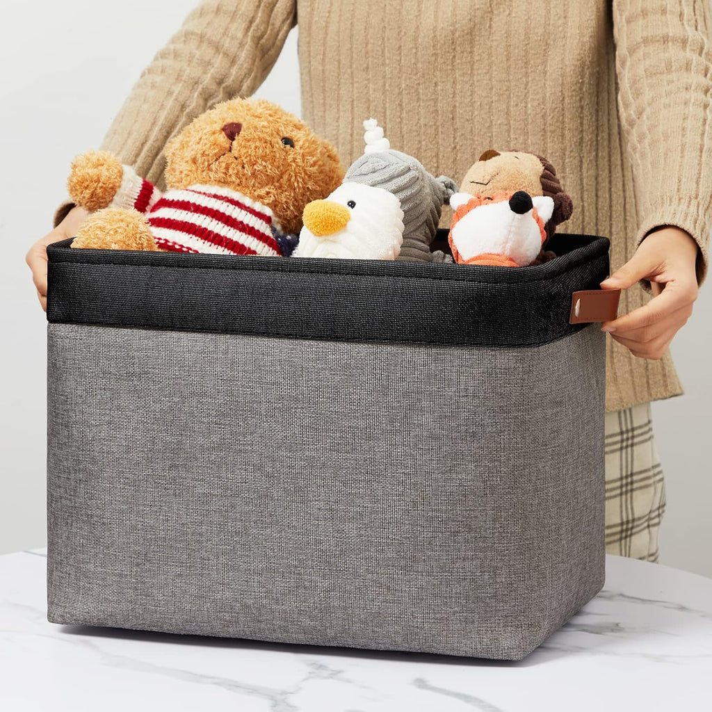DULLEMELO Storage Bins 16"x12"x12" With Leather Handles for Organizing,Decorative Collapsible Storage Baskets for Shelves Closet Home Office (Black&Grey)