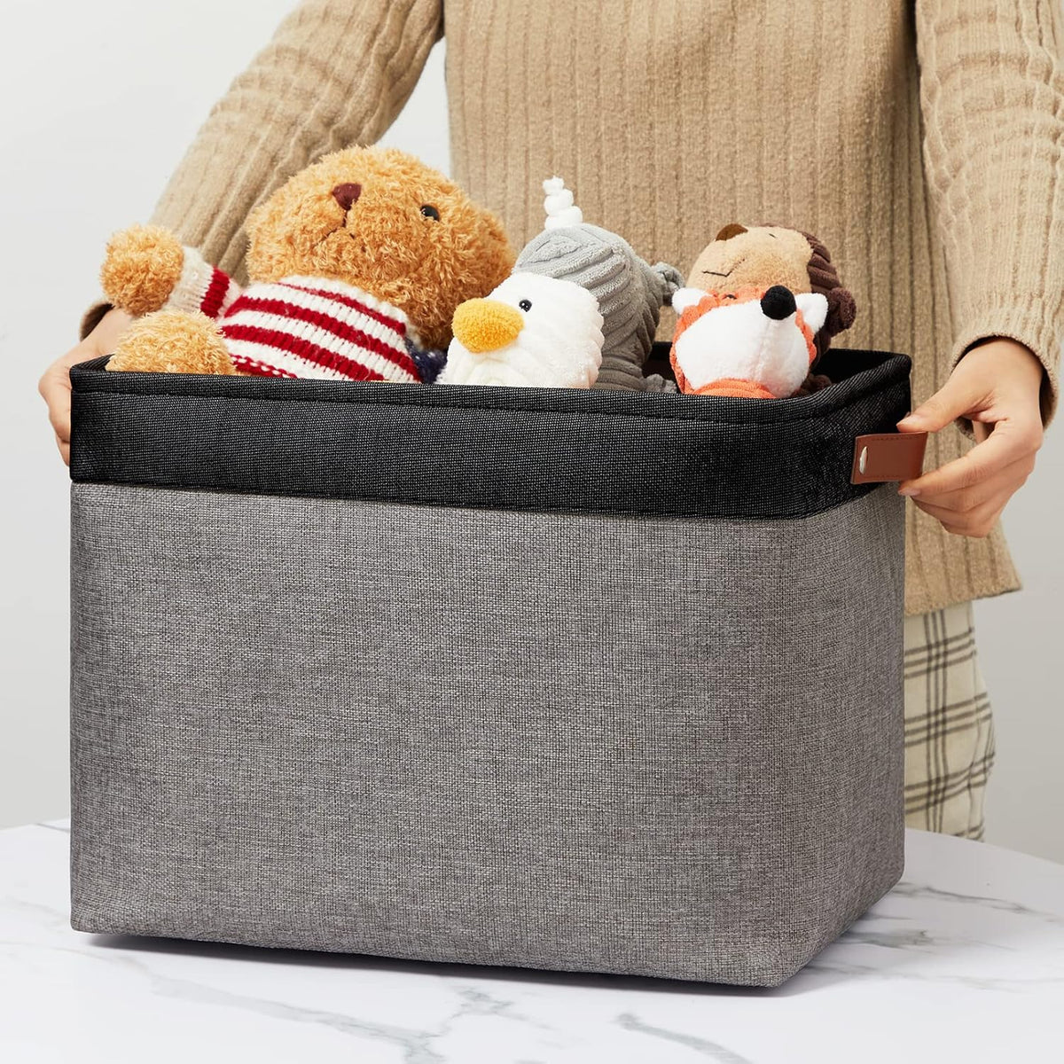 DULLEMELO Storage Bins 16"x12"x12" With Leather Handles for Organizing,Decorative Collapsible Storage Baskets for Shelves Closet Home Office (Black&Grey)