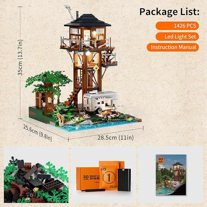 Funwhole Lookout Campground Lighting Building-Bricks Set - Retro Wild Lookout Tower Camping Car and Family Minifigures LED Light Building Set 1426 Pcs for Adults and Teen