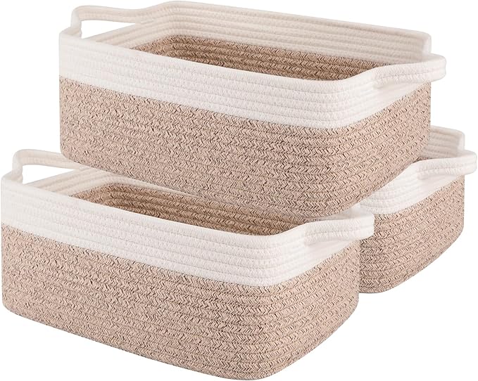 OIAHOMY 3 Pack Storage Baskets for Organizing, Woven Cotton Rope Basket for Shelves, Closet Organizer Bins with Handles, Rectangle Toy Organization, 13.78''×9.84''×5.5'', Brown & White