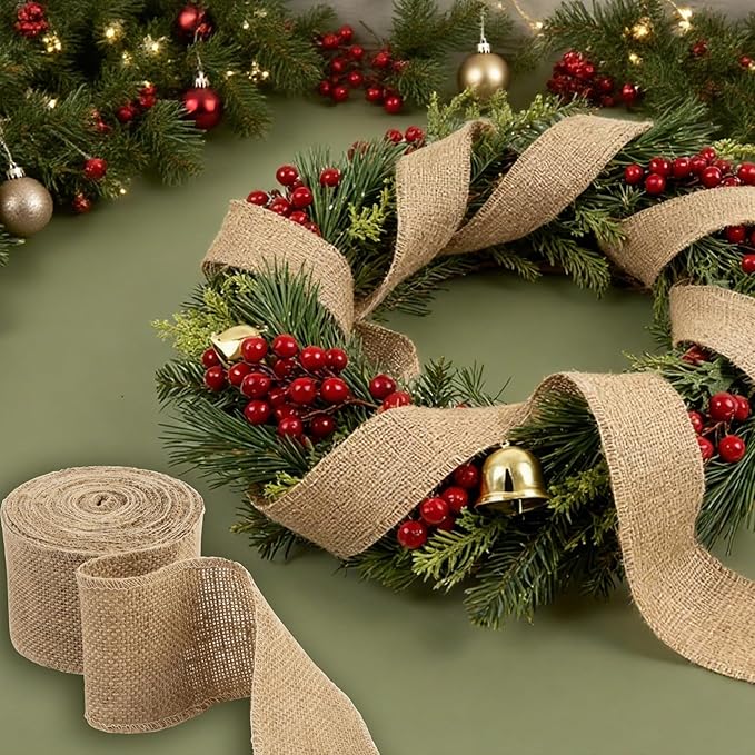 Burlap Ribbon 3 Inch Wide - Natural Burlap Fabric Rustic 29.5 FT 2 Rolls 4.9 Yard Thick Jute Christmas Ribbon for Crafts Flower Bouquet Christmas Tree Decorations