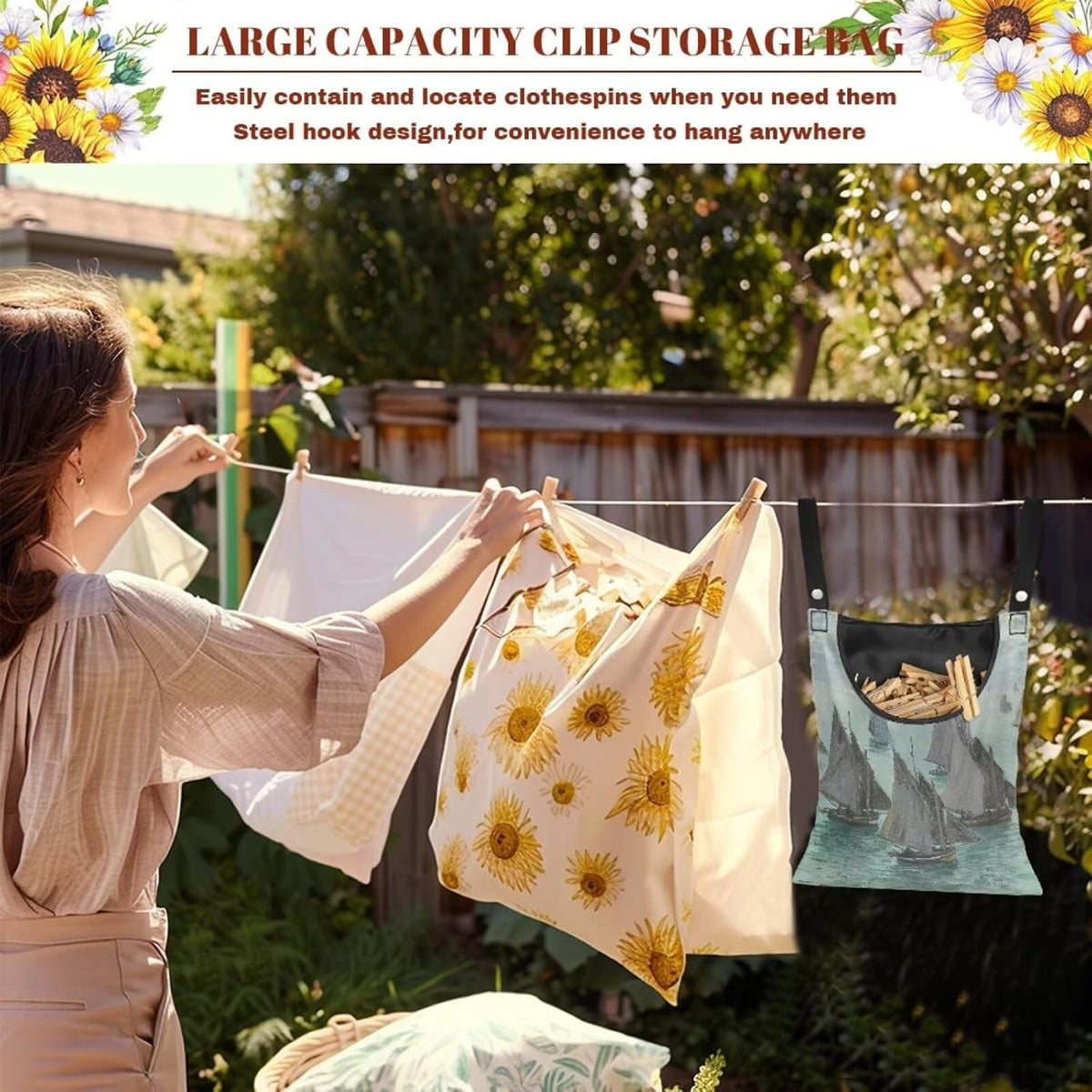 Monet Oil Painting Outdoor Clothespin Bag - Industrial Strength Windproof Storage Organizer - Heavy Duty Polyester Construction with Oversized Capacity Sailboats at Sainte - Adresse