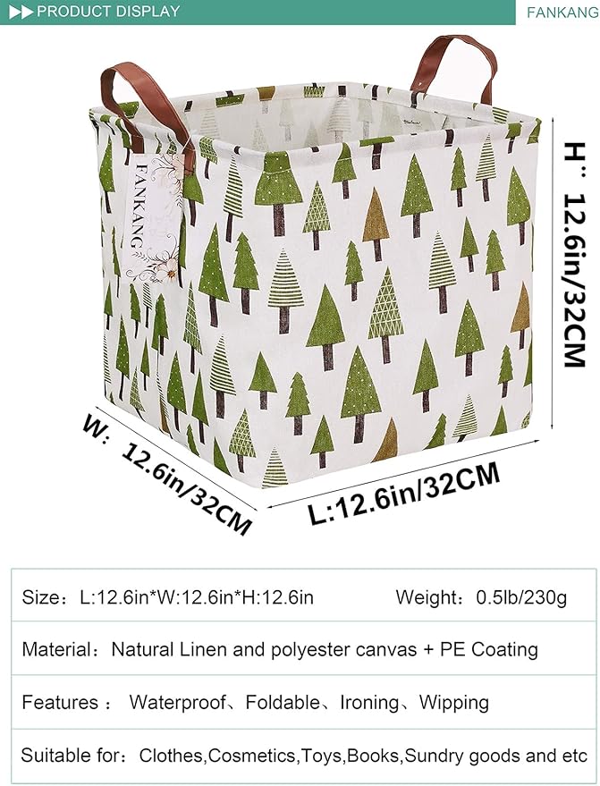 FANKANG Square Nursery Hamper Storage Bins Canvas Laundry Basket Foldable with Waterproof PE Coating Large Storage Baskets Gift Baskets for Children Office Bedroom ClothesToys (SquareGreen forest)
