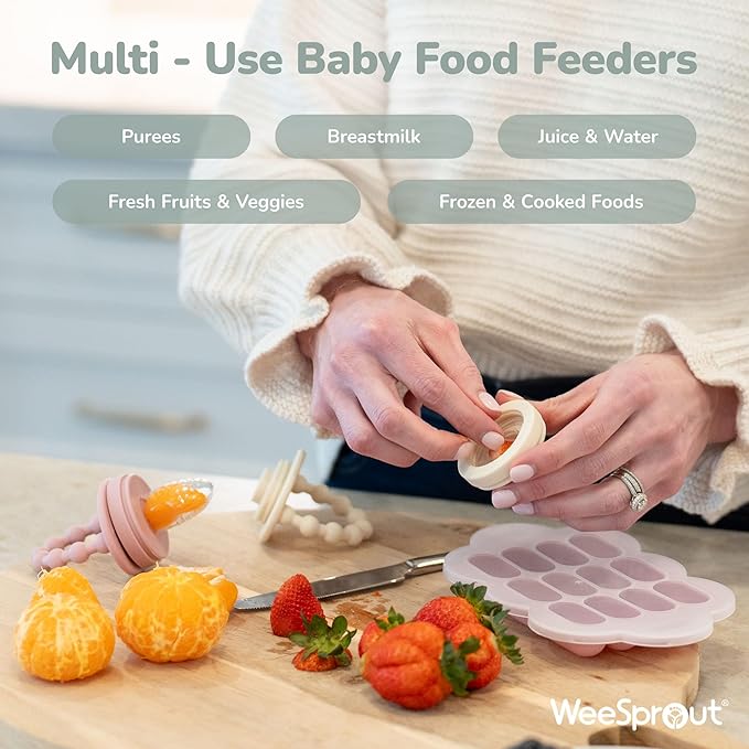 WeeSprout Baby Food Feeder Set - 2 Silicone Feeders & Reusable Freezer Tray with Lid - BPA-Free Fresh Fruit & Veggie Pacifier for Babies & Toddlers - Double as Teething Toys - Dishwasher Safe