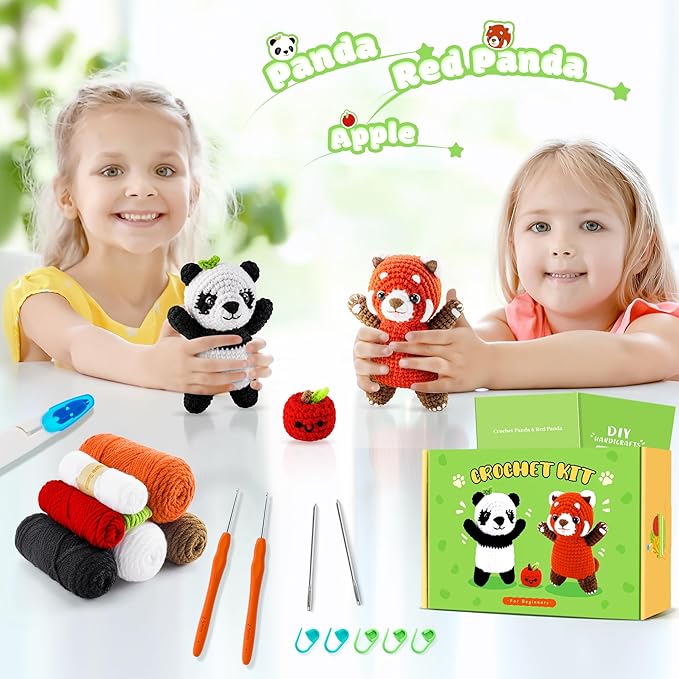 Crochet Kit for Beginners - 2PCS White and Red Panda Crochet Animal Kit with Step-by-Step Video Tutorials, Apple Crocheting Kit, Crochet Starter Kit for Kids and Adults, Beginners Knitting Kit