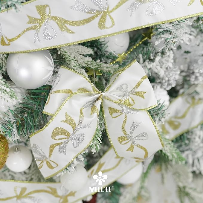 MEEDEE Gold & Silver Christmas Ribbon - 2.5 Inch White Satin with Glittery Bows Pattern - 10 Yards Wired Ribbon for Tree, Garlands & Toppers
