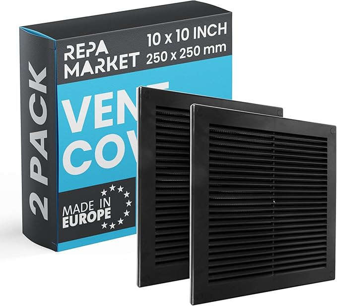 Repa Market 10 x 10 Inch (Outer) Black Square Air Vent Cover - Pack of 2 Plastic Fresh Air Intake Vent - AC Cover with Nylon Mesh Screen, Wall, Ceiling HVAC Return Air Register, Modern Soffit Vents