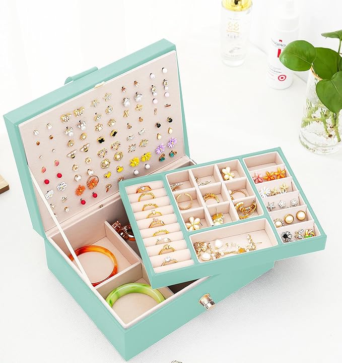 Girls Jewelry Box for Earrings Jewelry Organizer Box Teen Girls Earrings Organizer Jewelry Box Earring Holder Organizer Stud Earring Box for Girls Womens Jewelry Case Organizer Teal