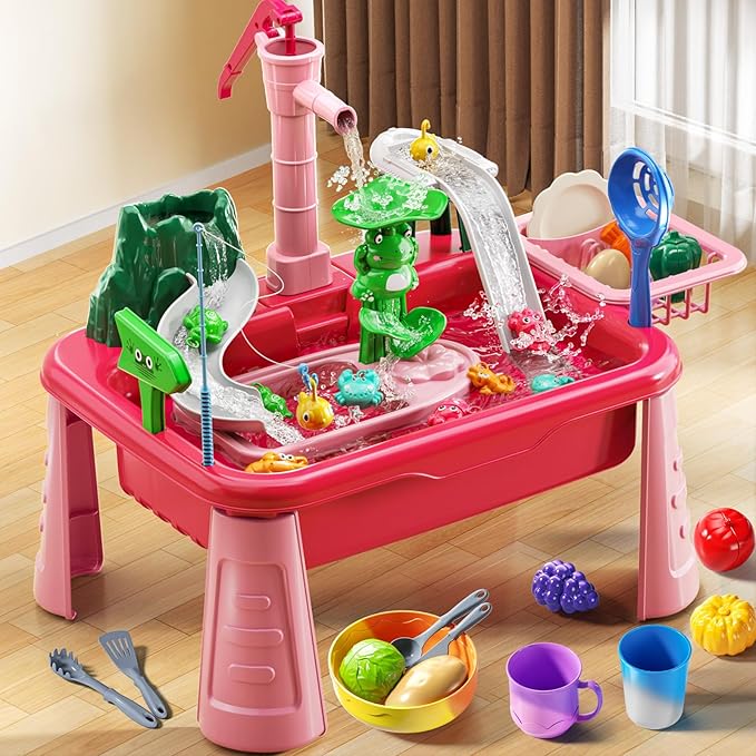 Water Table for Toddlers 3-5- Kids Play Sink with Pump and Running Water, Water Table for Kids Ages 4-8 with Fishing Game, Summer Outside Sensory Gift Toys for Boy and Girl 3 4 5 6 7 8 (Red)