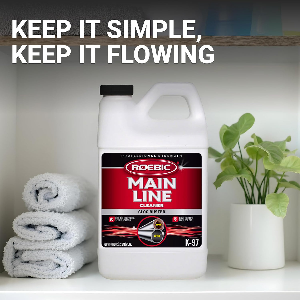 Roebic K-97 Liquid Main Line Cleaner with Bacteria Enzymes, Eliminates Organic Buildup in Sewer/Septic System and Protects from Clogs, Safe for Bathroom Toilet, 64 fl oz
