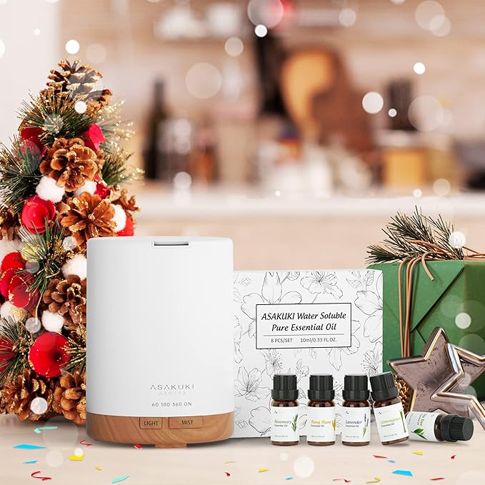 ASAKUKI Essential Oil Diffuser, Aromatherapy Cool Mist Home Humidifier with 7 LED Color Changing Light and Auto-Off Safety Switch, 8 Essential Oils Set, 300ml (Brown with Oils)