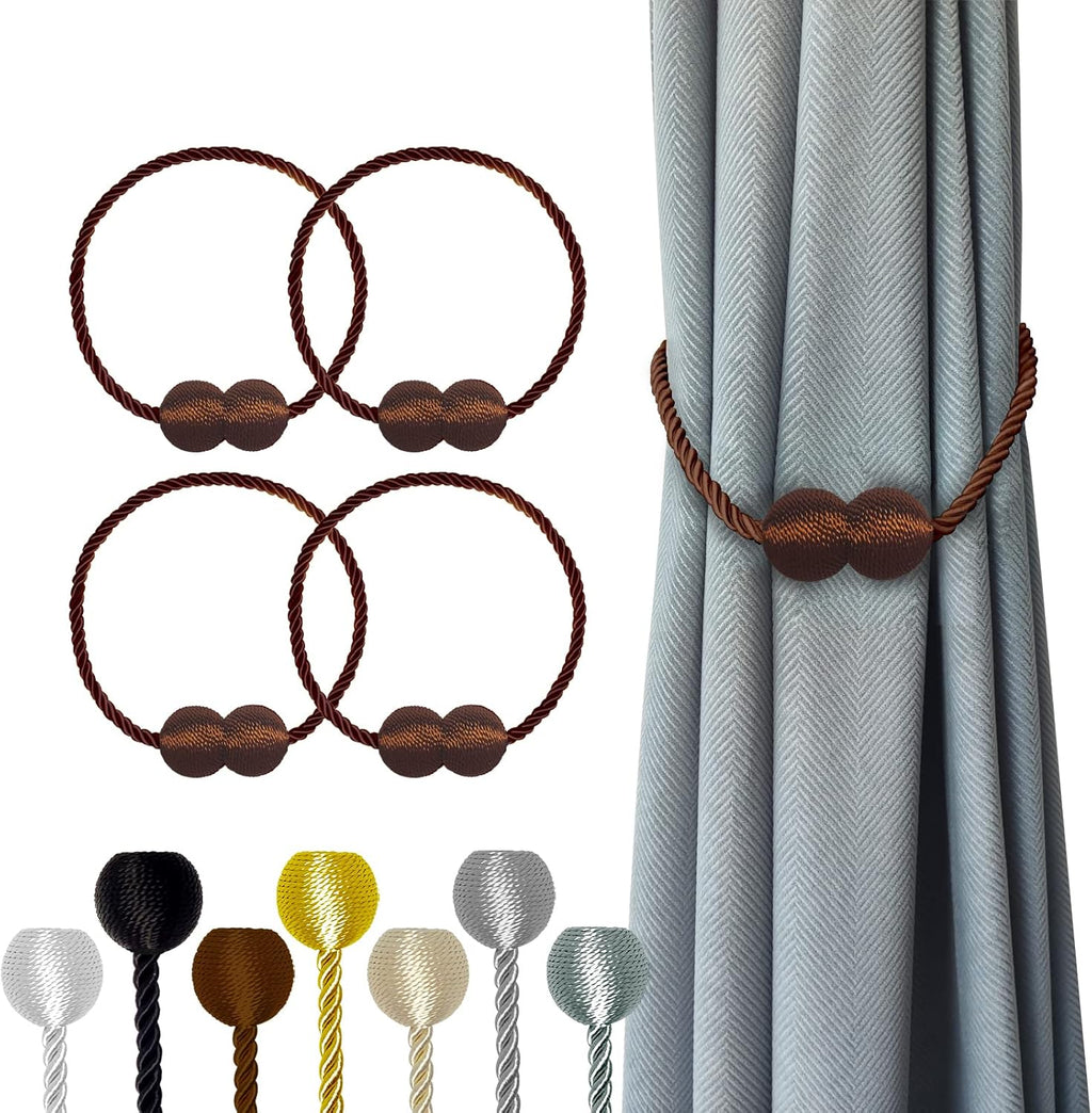 Hion Magnetic Curtain Tiebacks Dark Brown 4 Pack, Curtain Tiebacks Buckles Holdbacks Holders Hooks Clip for Home Bedroom Office Decorative Thick or Thin Curtain