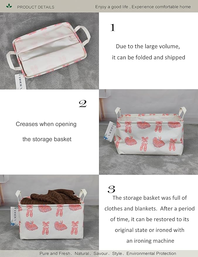 Rectangular Folding Laundry Basket,waterproof Canvas Basket,gift basket,Suitable for children's room,Office,Clothes,Toys Storage(Pink lace dance shoes)