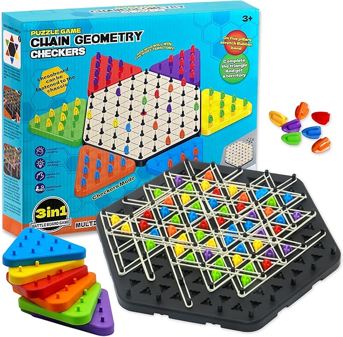 Upgraded Chain Triangle Chess Game, 3-in-1 Multi-Functional Board Games, Chain Link Game, Chinese Checkers, Educational Toy for Adults and Kids Age 3+, 2-6 Players, Fun for Family, Grandson, Party