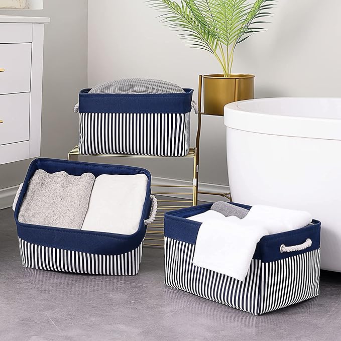 TcaFmac Storage Basket for Organizing - Large 4 Pack Foldable Storage Bins Baskets for Shelves with Ropes, Fabric Storage Cubes for Cloth Toy Gift Kids (Navy & White 16x12x8 inch)