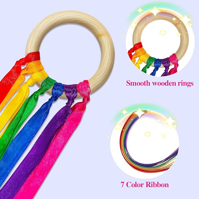 24Pcs Rainbow Ribbon Streamers Waldorf Toys Creative Waldorf Hand Kite Set Streamers with Wood Ring Sensory Learning Educational Toy for Playroom Dancing Birthday (Rainbow Colors)