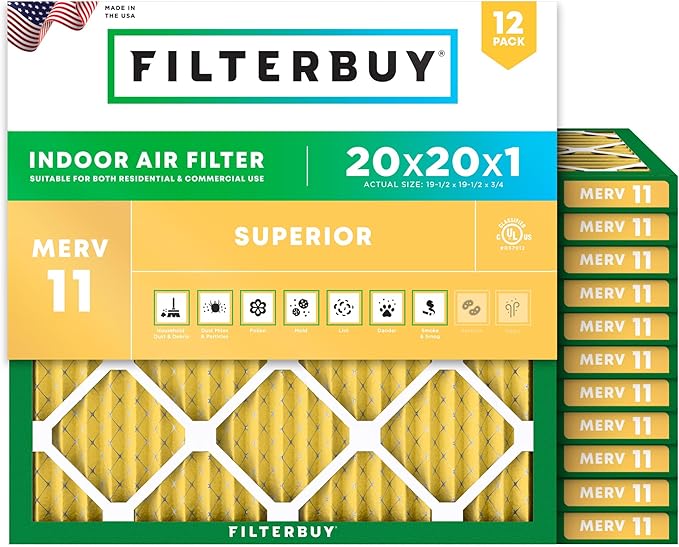 Filterbuy 20x20x1 Air Filter MERV 11 Superior Pet & Allergy Defense (12-Pack), Electrostatic Pleated HVAC AC Furnace Filters Replacement, Made in USA (Actual Size: 19.50 x 19.50 x 0.75)