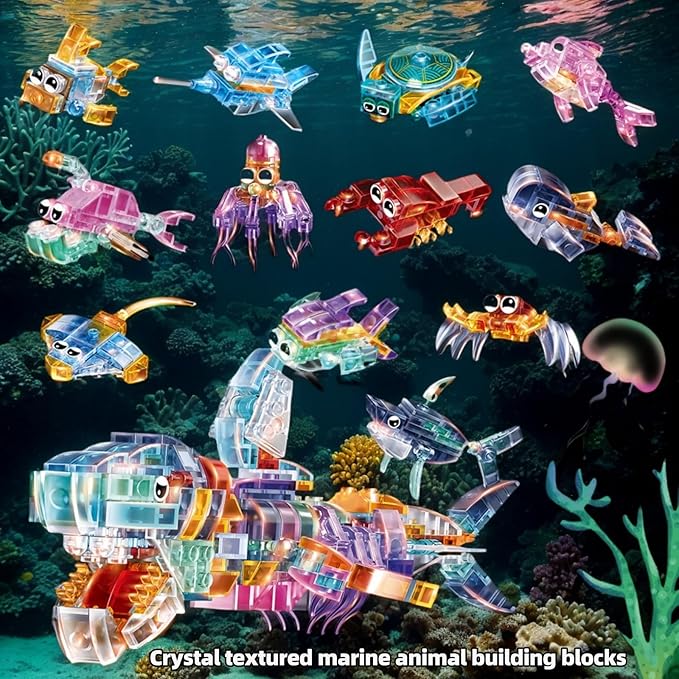 12 Pack Crystal Ocean Animal Party Favors for Kids 12 in 1 Mini Marine Animals Building Blocks Toys,Bulk Classroom Prizes Goodie Bag Fillers Christmas Easter Birthday Gift for Boys Girls Ages 6+