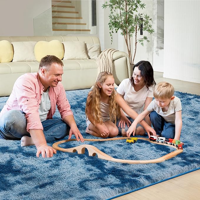 Ultra Soft Rug for Living Room, 9X12 Fluffy Shag Area Rug for Bedroom, Modern Shaggy Carpets Fuzzy Rug for Teens Dorm Nursery Home Decor Aesthetic, Upgrade Anti-Skid Durable, Tie-Dyed Blue Grey