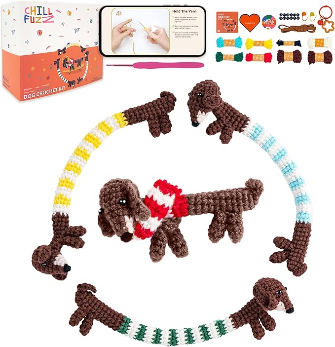 ChillFuzz Animal Crochet Kit Beginner Crochet Kit for Adults and Kids with Yarn Hook and Instructions Perfect Handmade Gift for Pet Lovers Dachshund