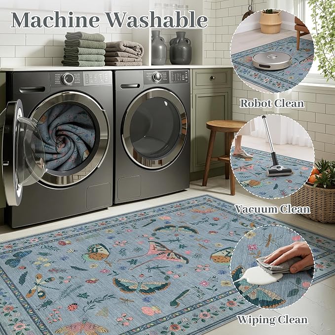 6ft Washable Round Rug - Bug Rugs for Living Room Non-Slip Low Pile Soft Ultra-Thin Machine Washable Circle Carpet for Bedroom, Entryway, Nursery, Kitchen, Home Office (6' Round Blue)