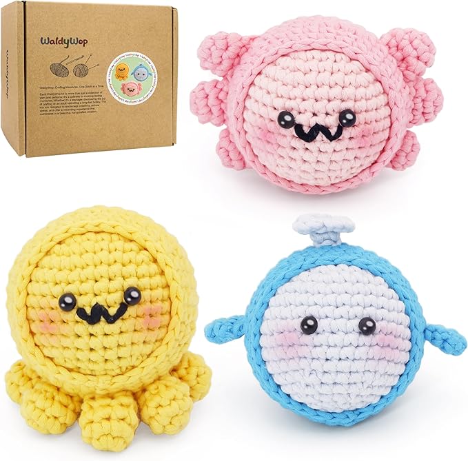 WaldyWop Crochet Kit for Beginners: 3PCS Crochet Animal Kits w/Stress Balls, Step-by-Step Video Tutorials - Wobbles DIY Craft Kit for Adults Kids - Gifts for Girls&Women (Dolphin, Octopus, Axolotl)