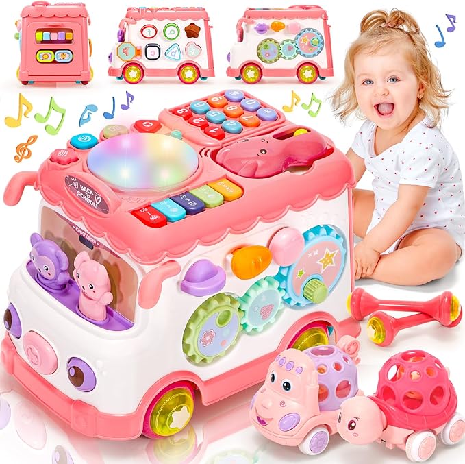 Baby Gift for 1-2 Year Old Girl, 10-in-1 Montessori Toys Bus for Baby 6-12-18 Months+, Educational Musical Sensory Learning Toddler Toys Age 1-2, First Christmas and Birthday Gifts Pink