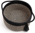 Decorative Small Gift Basket Empty – SweetMemo Cute Woven Rope Organizer Baskets for Desk, Bedside, Bathroom, Key, Round Boho Decor Cotton Bin with tassel, Gift Bag, Ribbon – Rustic Black Brown