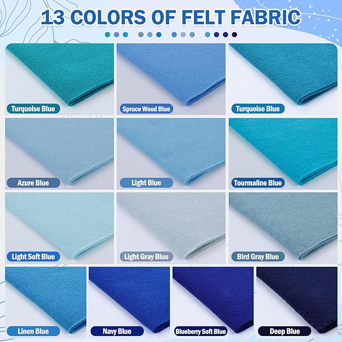 XSEINO 13 Rolls 8"x35" 1.4mm Thick Soft Felt Fabric Sheet 13 Assorted Blue Series Colors Felt Pack Pastel Felt Sheets for DIY Craft Sewing Squares Nonwoven Patchwork