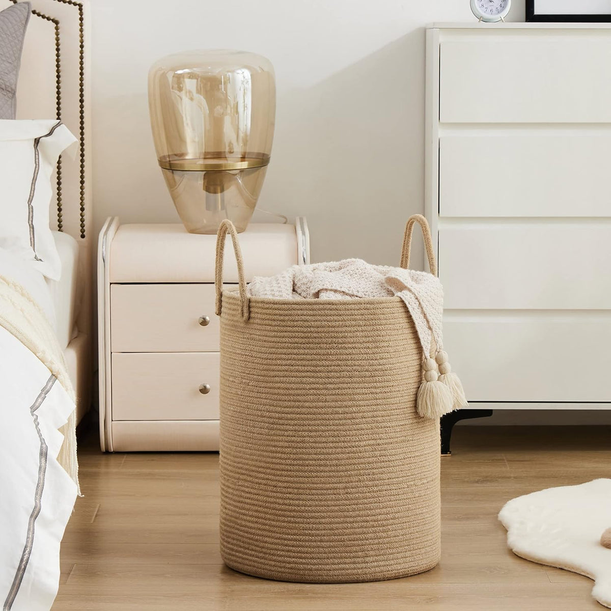 Jute Rope Laundry Hamper Basket by YOUDENOVA, 58L Tall Laundry Basket, Baby Nursery Hamper for Blanket Storage for Bedroom-Large-Jute