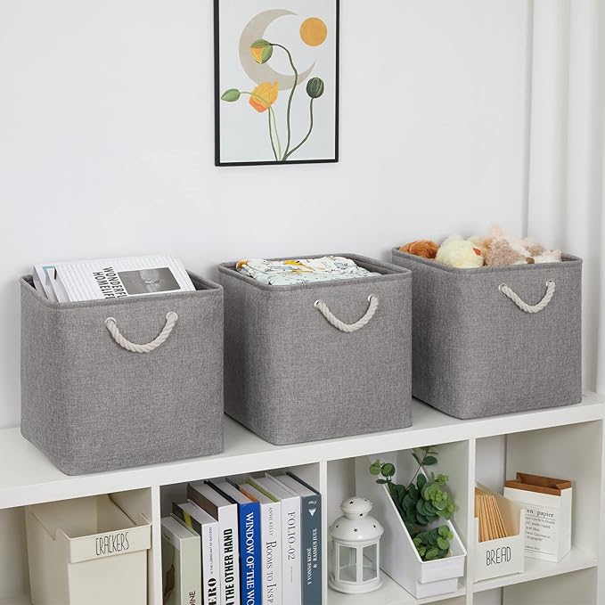 Bidtakay Grey Baskets Foldable Storage Cube Bins 13x13x13 Cube Storage Organizer Closet Set of 3 Fabric Storage Baskets for Home Office Large Baskets for Nursery Baby Toy Storage