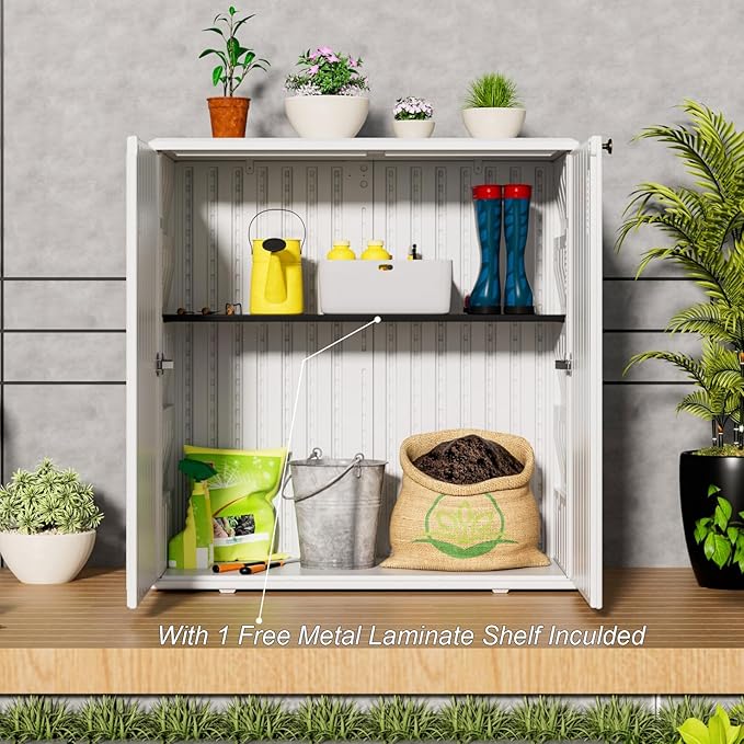 HOMSPARK Indoor/Outdoor Storage Cabinet with Doors and Shelf, 34”x16”x36” HDPE Plastic Storage Box for Patio, Bedroom, Bathroom, Living Room, Balcony, Multi-Purpose for Daily Tools, White