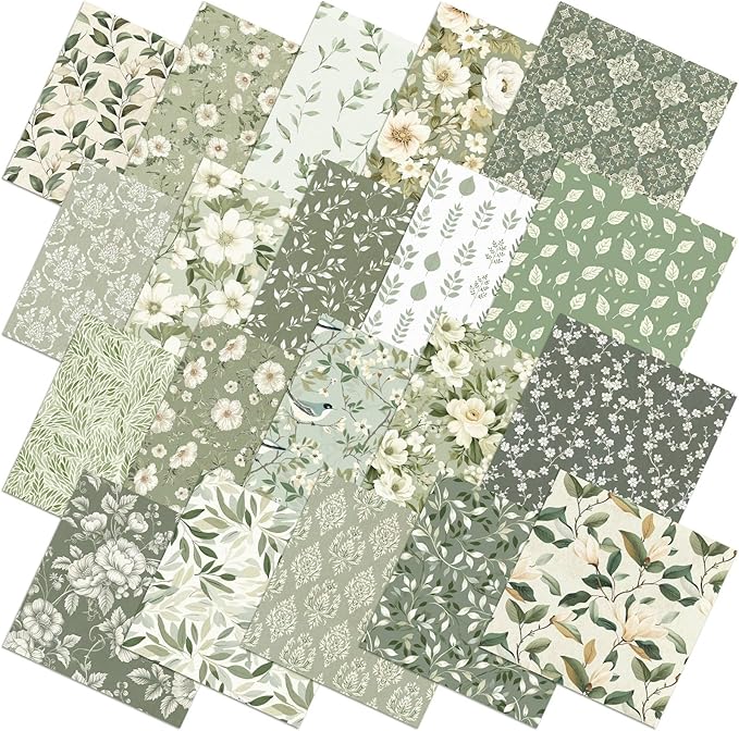 Ganeen 60 Pcs 10 x 10 Inch Sage Green Floral Quilting Fabric Squares Vintage Greenery Fat Patchwork Precut Strips Retro Eucalyptus Printed Fabric Bundles for Holiday DIY Craft Sewing Quilt Material