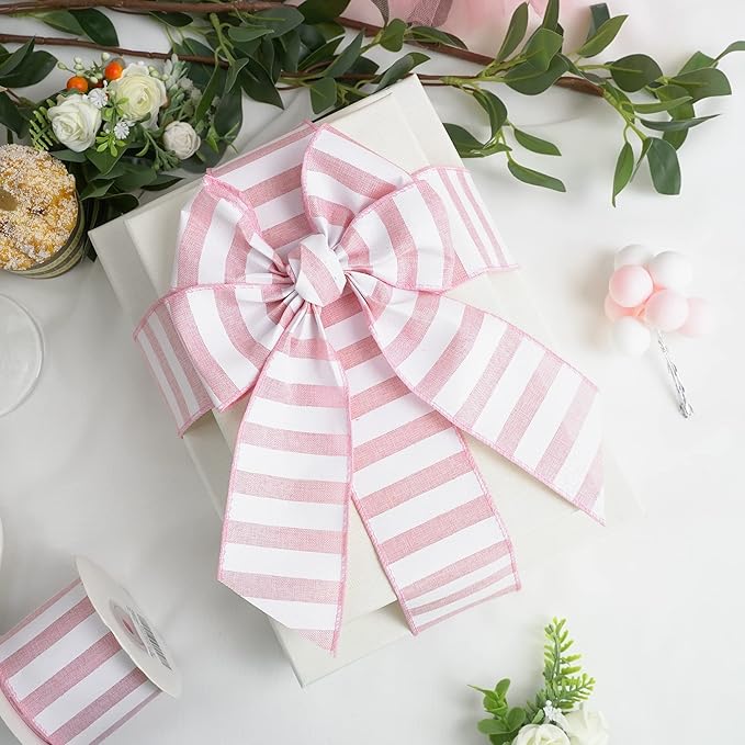 MEEDEE Pink Striped Burlap Ribbon - 2.5 Inch Wired Ribbon for Baby Girl Wreaths & Cakes, 10 Yards