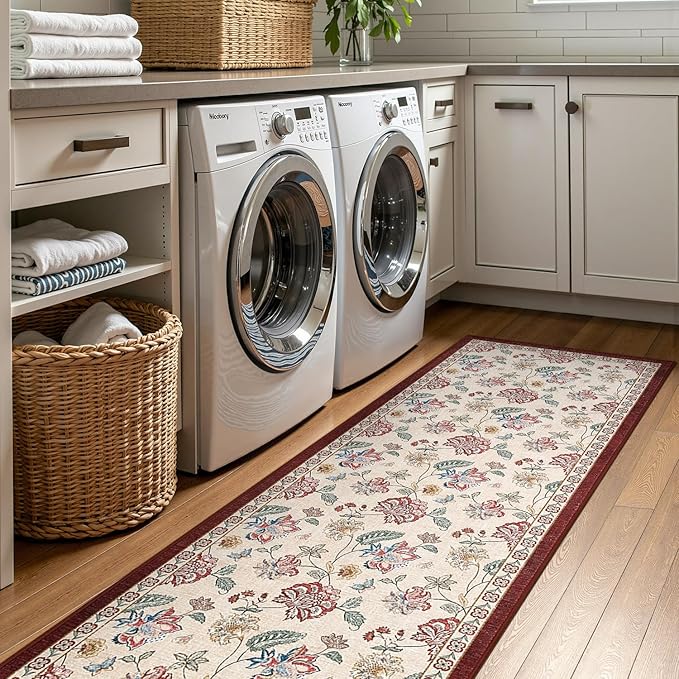 jinchan 3x8 Floral Runner Rug for Hallway Washable Kitchen Runner Vintage Romance Design Non Slip Thin Indoor Floor Cover Low-Profile Throw Carpet for Entryway Bathroom Bedroom Porch, Red/Beige