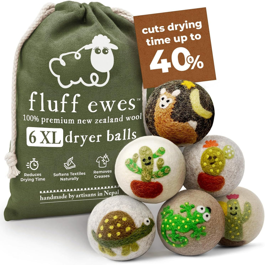 Fluff Ewes Wool Dryer Balls 6 Pack Premium New Zealand Wool Laundry Balls for Dryer, No Static Dryer Balls Laundry Reusable, XL Wool Dryer Balls Cute, Baby Dryer Balls for Dryers - Kiss My Cactus