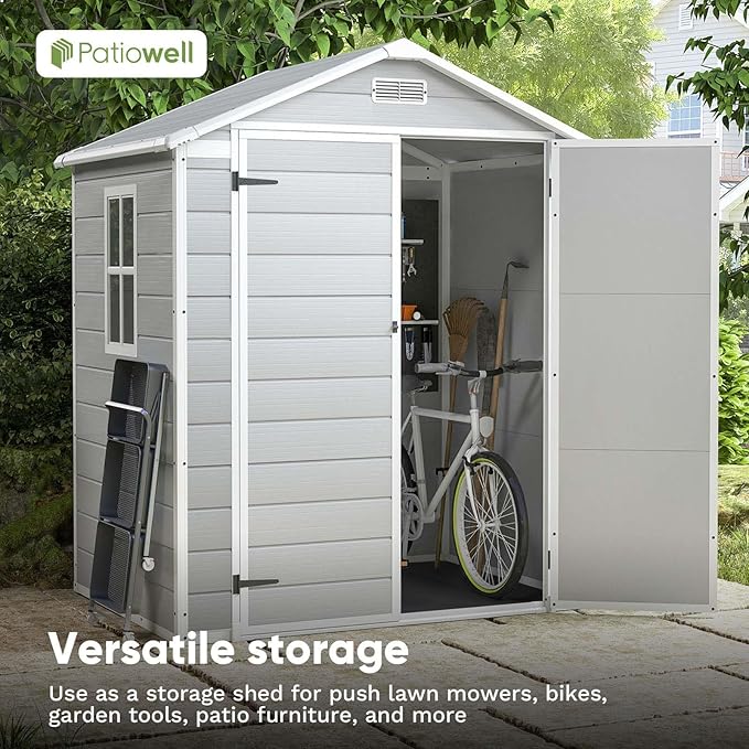 Patiowell 6x4 FT Plastic Outdoor Storage Shed, Resin Outside Shed Perfect to Store Patio Furniture, GardenTools Bike Accessories, Beach Chairs and Lawn Mower, Light Grey