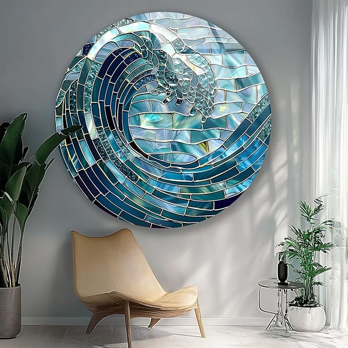 My Photostation.com 24''(60cm) Diameter Ocean Wave in Blue Mosaic Round Glass Wall Art Tempered Glass Printing Wall Decor Large Wall Art Wall Hangings