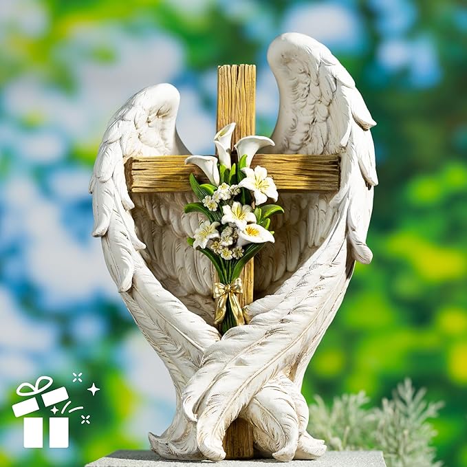 12" Angel Wings Embracing Cross and Calla Lily Garden Statue Memorial Statue