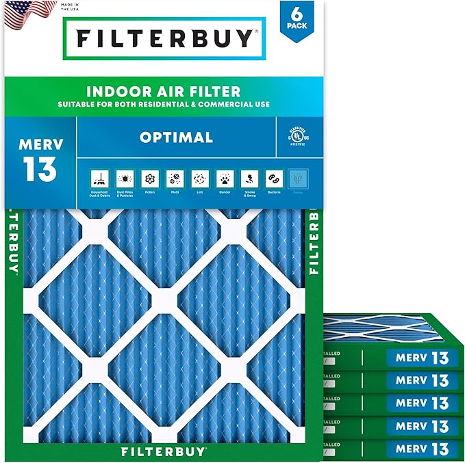 Filterbuy 16.38x21.38x1 Air Filter MERV 13 Optimal Smoke & Allergy Defense (6-Pack), Electrostatic Pleated HVAC AC Furnace Filters Replacement, Made in USA (Actual Size: 16.38 x 21.38 x 0.75)