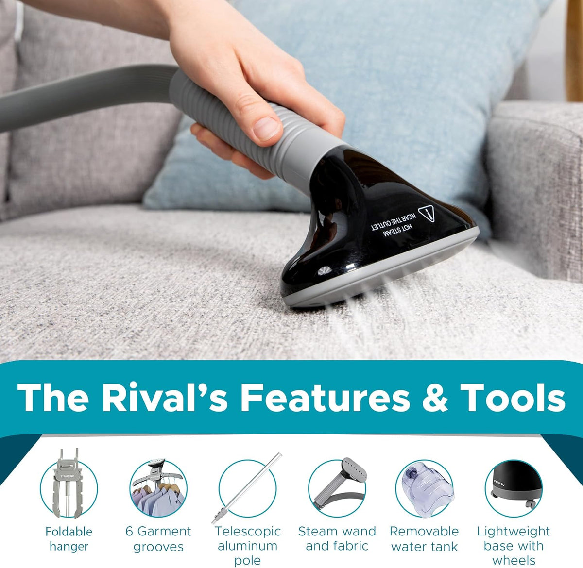 Steam & Go - The Rival Handheld Steamer - Upright Fabric Steamer for Clothes, Garments, Curtains, Bedding & Upholstery - Quick-Heating Foldable Steam Iron with Adjustable Pole Hanger & Detachable Tank