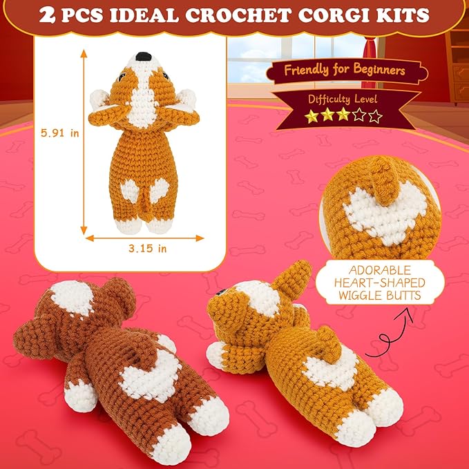Crochet Kit for Beginners, 2 Adorable Corgi Dog Crochet Animals Kits, Easy Beginner Crochet Kit for Adults & Kids, Women & Men, DIY Craft Knitting Kit with All Supplies