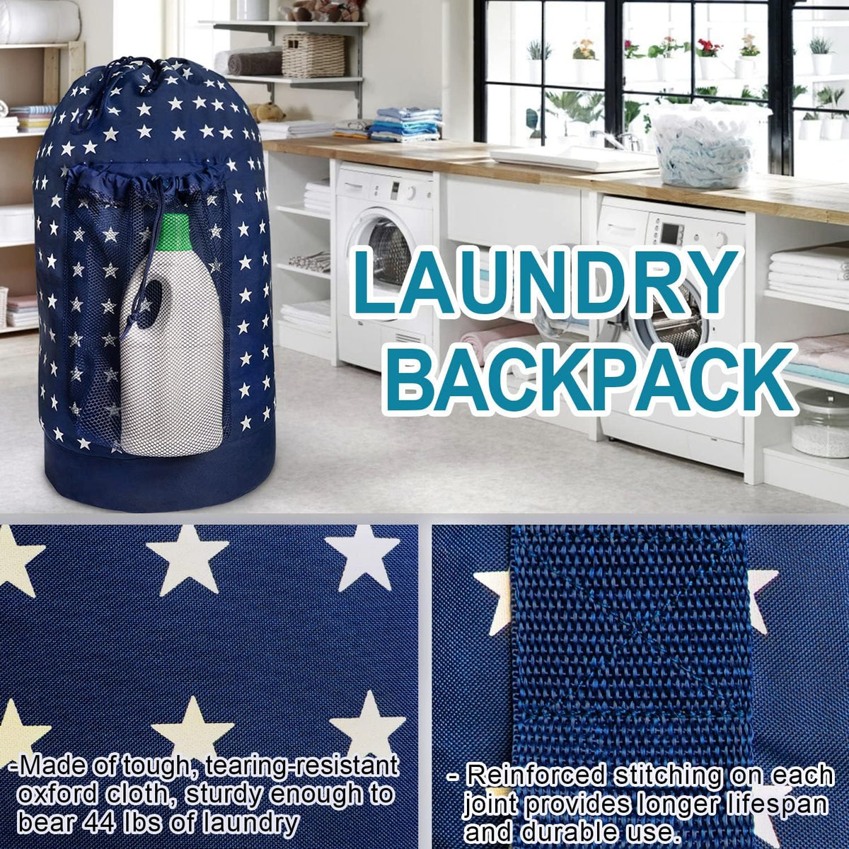 Dalykate Backpack Laundry Bag, Laundry Backpack with Shoulder Straps and Mesh Pocket Durable Nylon Clothes Hamper Bag with Drawstring Closure for College, Travel, Laundromat, Apartment