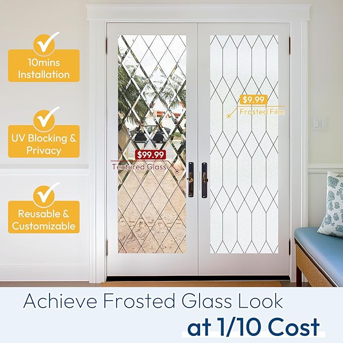 rabbitgoo Window Privacy Film for Glass Windows, Frosted Glass Cling with Decorative Moroccan Lattice, Removable Heat Control Sun Blocking Door Covering Sticker for Home Bathroom, 29.5 x 157.4 inches