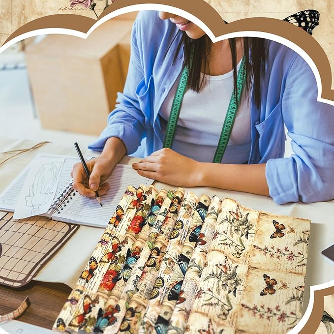 Ganeen 60 Pcs 10 x 10 Inch Vintage Butterfly Quilting Fabric Squares Summer Butterfly Fabric Bundle Retro Fat Patchwork Precut Stripes for Handmade Material Sewing DIY Crafts