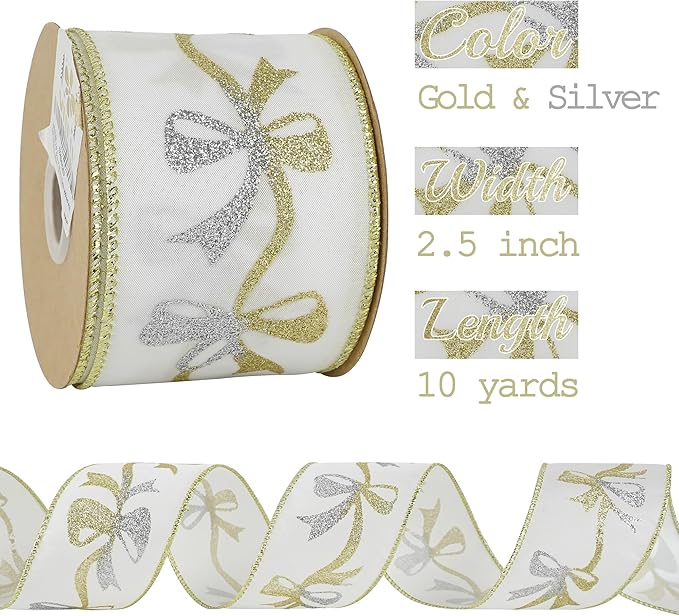 MEEDEE Gold & Silver Christmas Ribbon - 2.5 Inch White Satin with Glittery Bows Pattern - 10 Yards Wired Ribbon for Tree, Garlands & Toppers