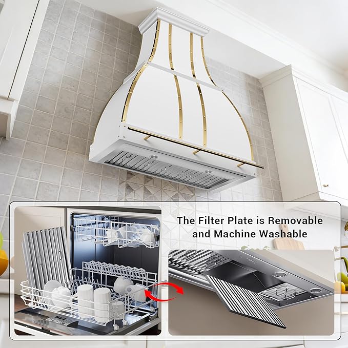 CHETTO C Stainless Steel Range Hood Cover with 4-Speed Vent Hood Insert Custom Handcrafted Metal Kitchen Fan with Towel Rack LED Light 60"W x21"D x18"H White Wall Mount