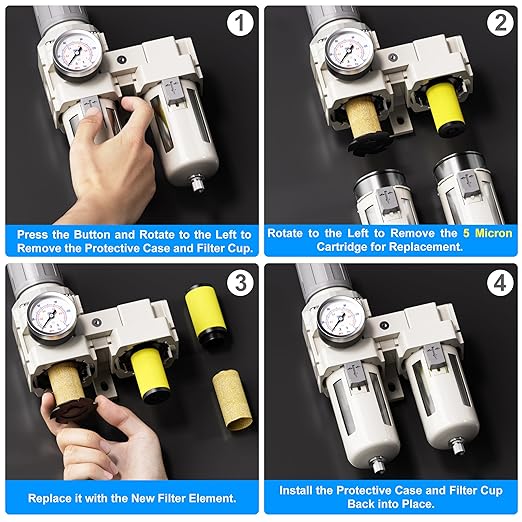 TAILONZ PNEUMATIC 0-150PSI 3/8 Inch NPT Particulate Filter+Coalescing Filter Air Filter Pressure Regulator Combo Piggyback, Air Tool Compressor Filter (Semi-Auto Drainage）
