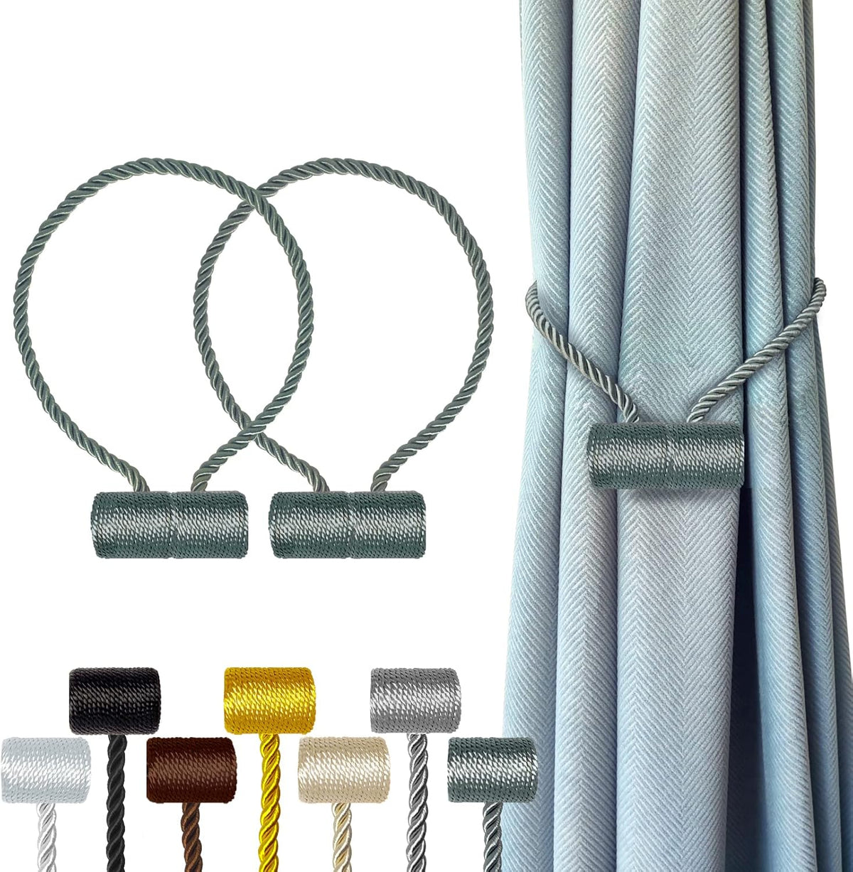 Hion Magnetic Curtain Tiebacks Gray Blue 2pcs, Curtain Tiebacks Buckles Holdbacks Holders Hooks Clip for Home Bedroom Office Decorative Curtain